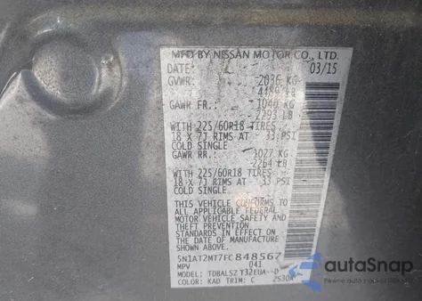 2015 Nissan Rogue Sl из США, поврежденный, VIN 5N1AT2MT7FC848567